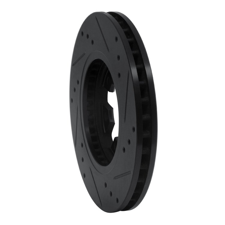 E-Line Drilled & Slotted Black Brake Rotor, 1985-2012 Infiniti/Nissan, Position: Front Left