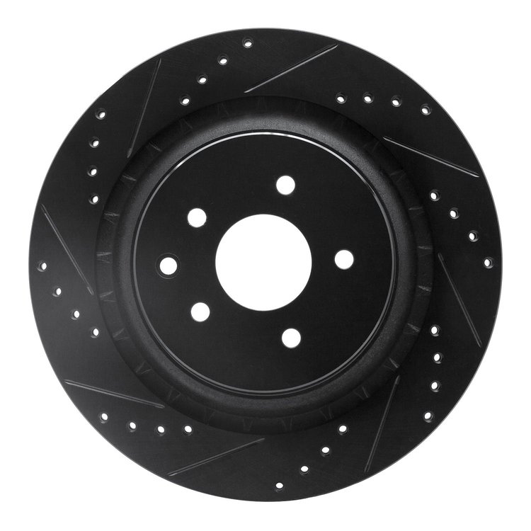 E-Line Drilled & Slotted Black Brake Rotor, 2008-2020 Infiniti/Nissan, Position: Rear Left