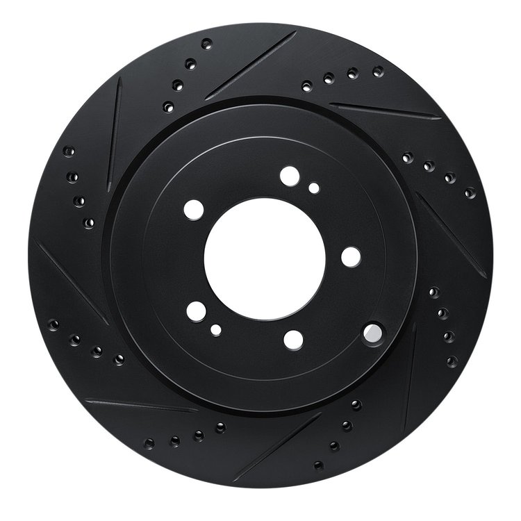 E-Line Drilled & Slotted Black Brake Rotor, 2008-2015 Mitsubishi, Position: Rear Left