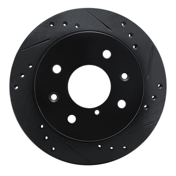 E-Line Drilled & Slotted Black Brake Rotor, 1984-1985 Ford/Lincoln/Mercury/Mazda, Position: Rear Right