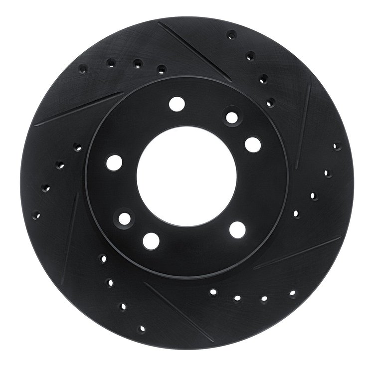 E-Line Drilled & Slotted Black Brake Rotor, 1986-1991 Ford/Lincoln/Mercury/Mazda, Position: Front Right