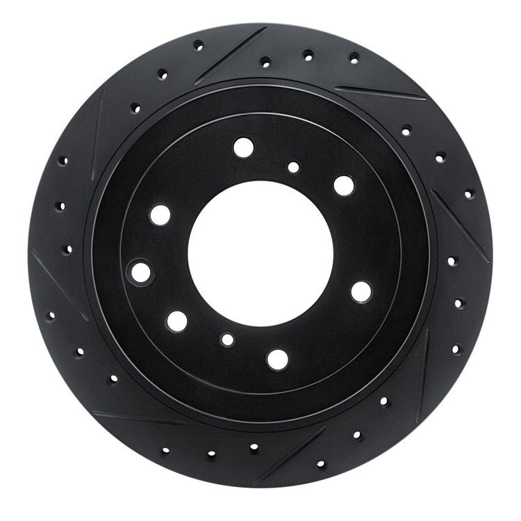 E-Line Drilled & Slotted Black Brake Rotor, 2008-2014 Mitsubishi, Position: Rear Left