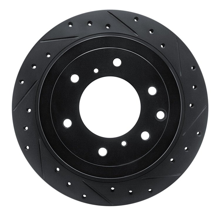 E-Line Drilled & Slotted Black Brake Rotor, 2008-2014 Mitsubishi, Position: Rear Right