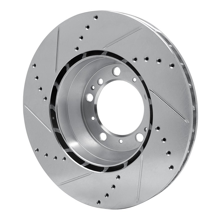 E-Line Drilled & Slotted Silver Brake Rotor, 1999-2021 Audi/Porsche/Volkswagen, Position: Rear Right