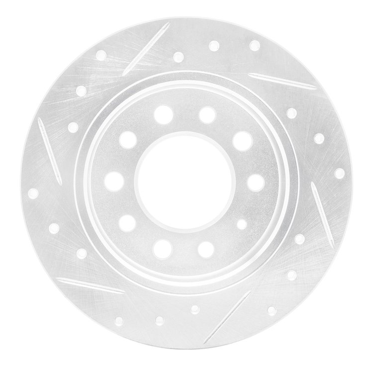 E-Line Drilled & Slotted Silver Brake Rotor, 2003-2008 Kia/Hyundai/Genesis, Position: Rear Right