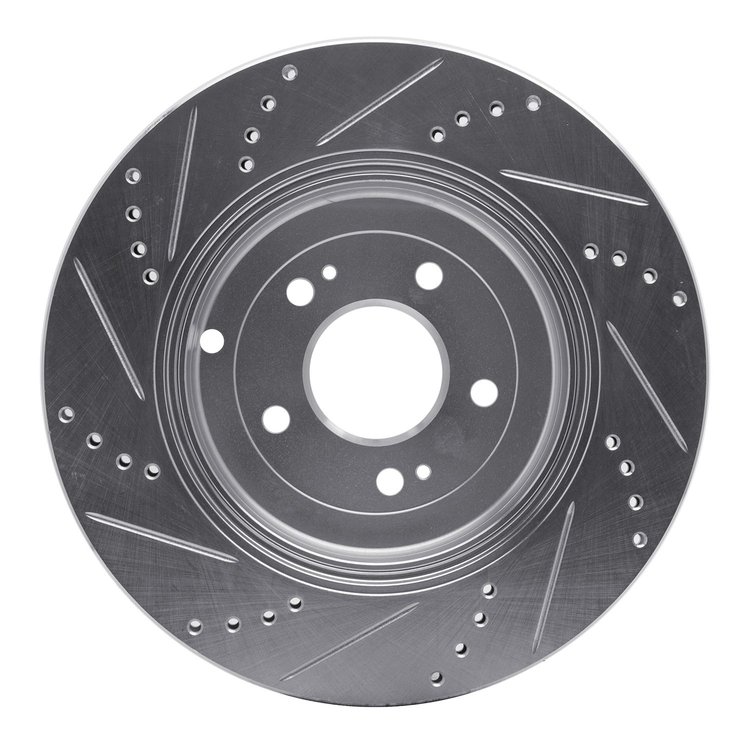 E-Line Drilled & Slotted Silver Brake Rotor, 2010-2016 Kia/Hyundai/Genesis, Position: Rear Right