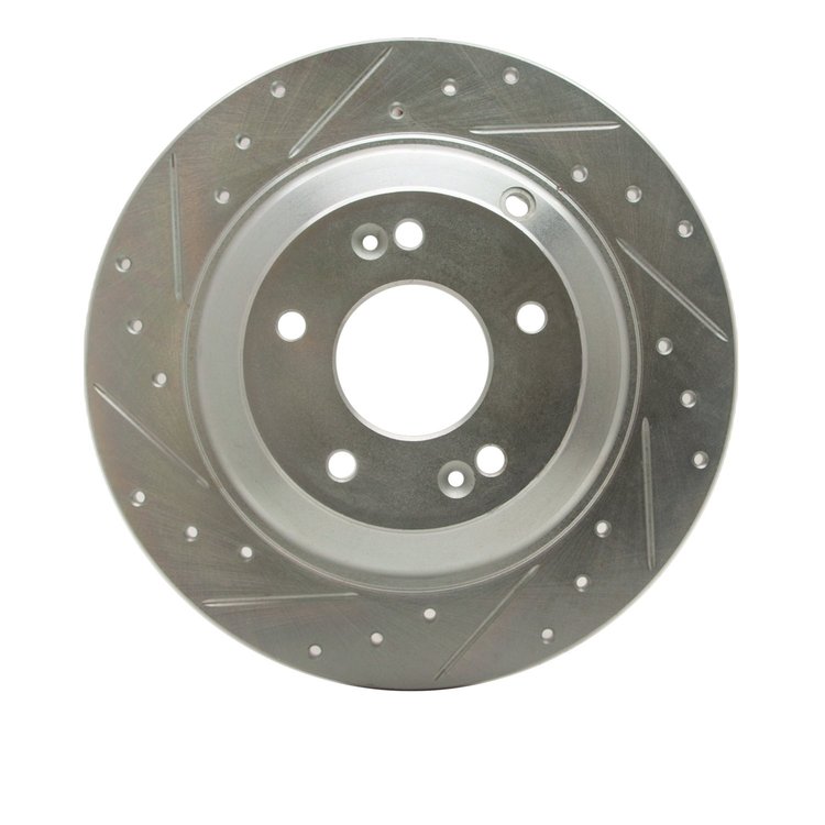 E-Line Drilled & Slotted Silver Brake Rotor, 2010-2016 Kia/Hyundai/Genesis, Position: Rear Left