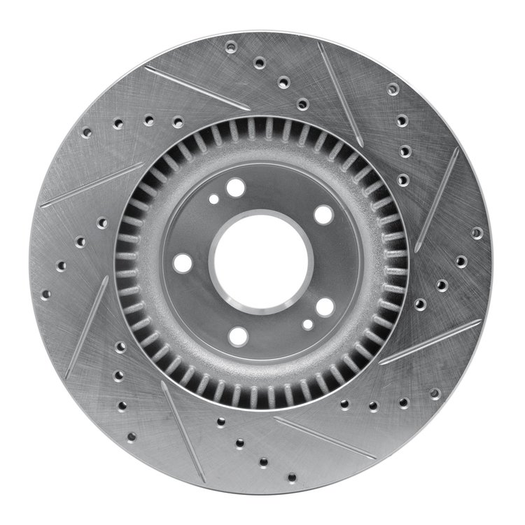 E-Line Drilled & Slotted Silver Brake Rotor, 2010-2016 Kia/Hyundai/Genesis, Position: Front Left