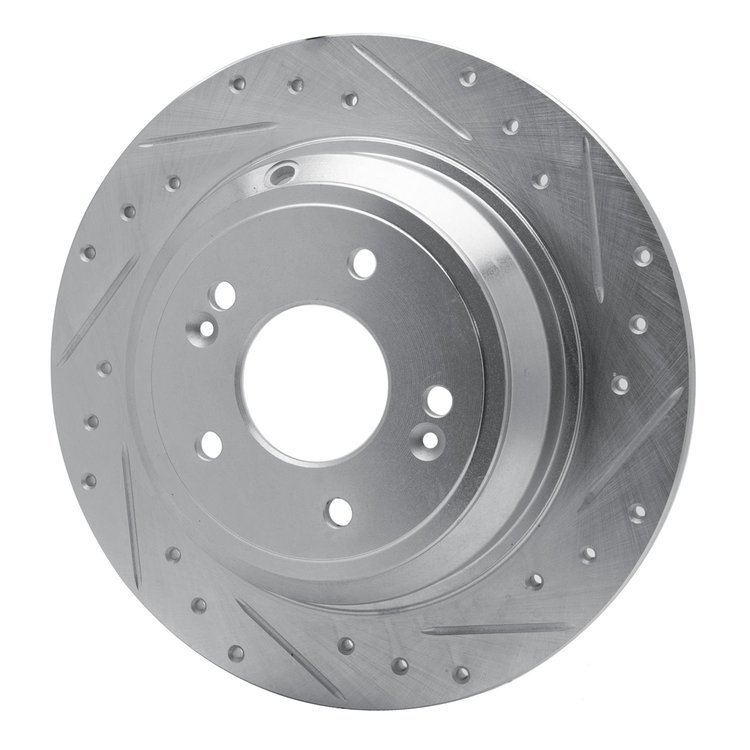 E-Line Drilled & Slotted Silver Brake Rotor, 2009-2020 Kia/Hyundai/Genesis, Position: Rear Right