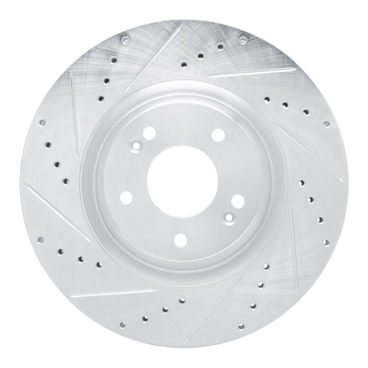 E-Line Drilled & Slotted Silver Brake Rotor, Fits Select Kia/Hyundai/Genesis, Position: Front Left