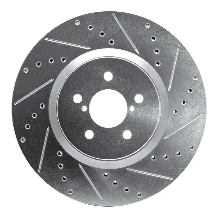 E-Line Drilled & Slotted Silver Brake Rotor, 2005-2018 Subaru, Position: Front Right