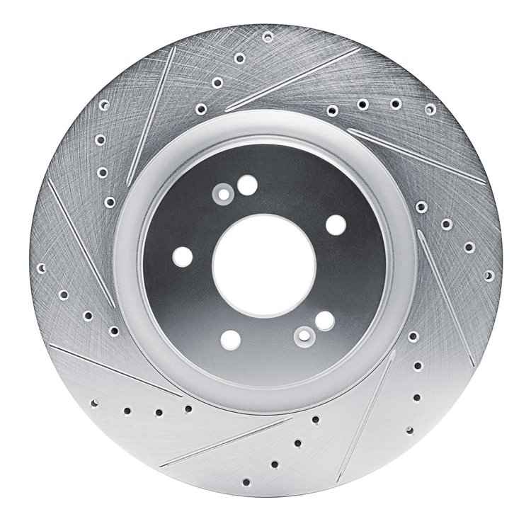 E-Line Drilled & Slotted Silver Brake Rotor, Fits Select Kia/Hyundai/Genesis, Position: Front Left