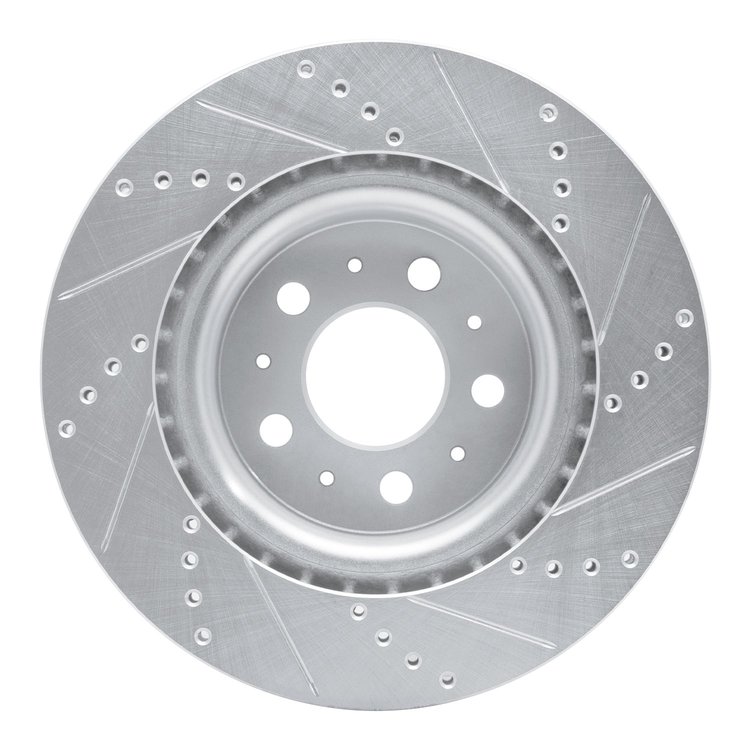 E-Line Drilled & Slotted Silver Brake Rotor, Fits Select Tesla, Position: Front Left