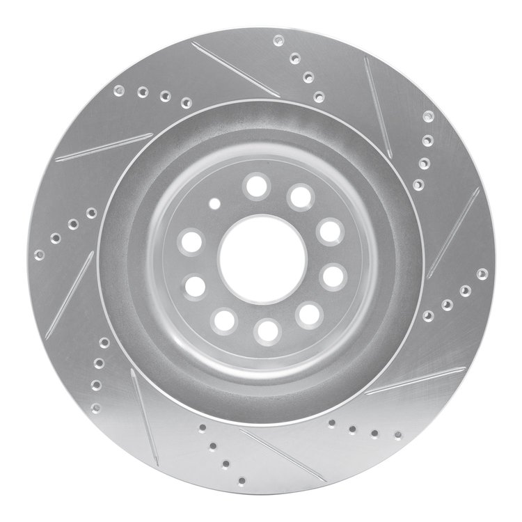 E-Line Drilled & Slotted Silver Brake Rotor, 2012-2021 Tesla, Position: Rear Left