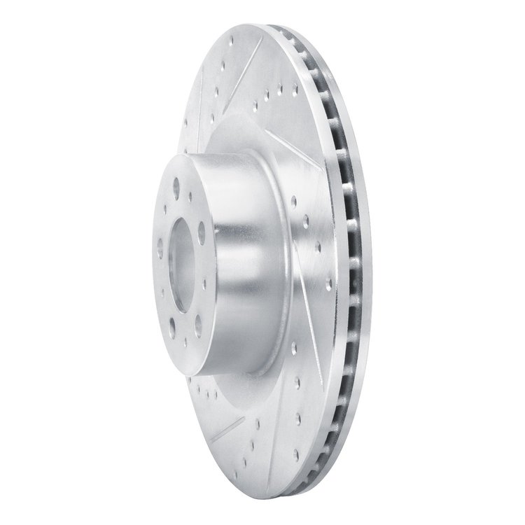 E-Line Drilled & Slotted Silver Brake Rotor, Fits Select Tesla, Position: Front Left