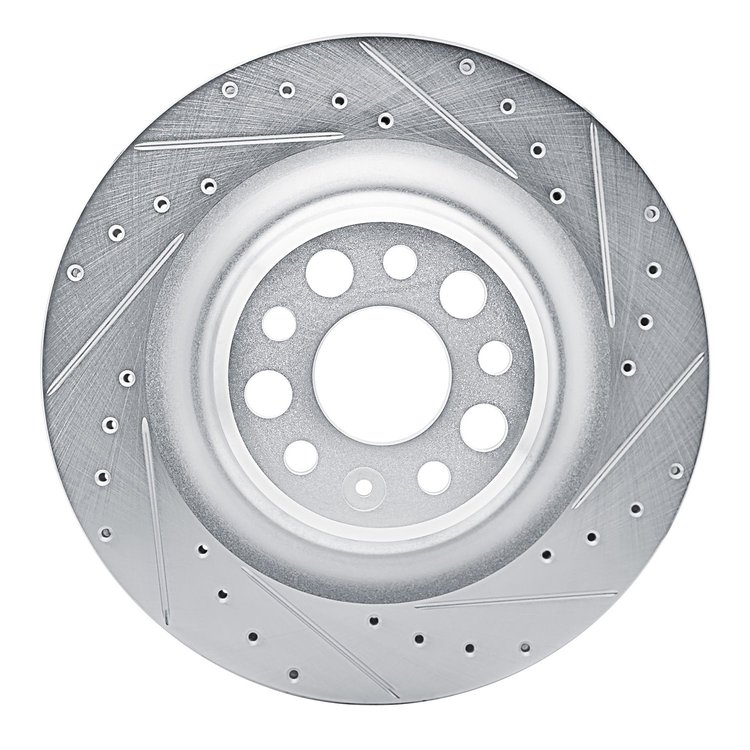 E-Line Drilled & Slotted Silver Brake Rotor, Fits Select Tesla, Position: Rear Right