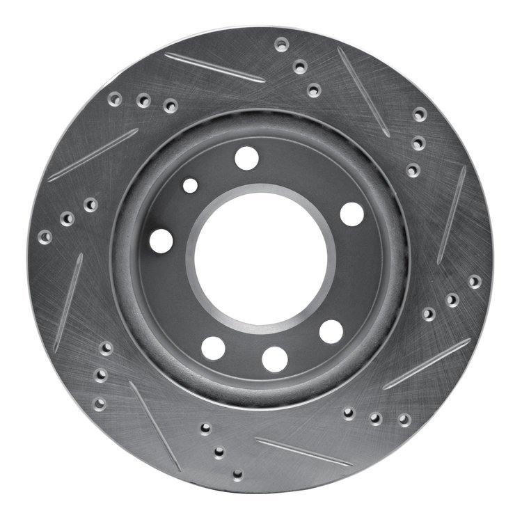 E-Line Drilled & Slotted Silver Brake Rotor, 2002-2006 Fits Multiple Makes/Models, Position: Front Left