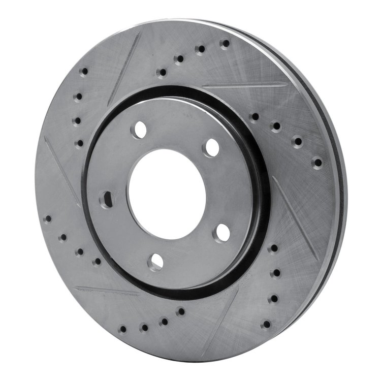 E-Line Drilled & Slotted Silver Brake Rotor, 2001-2007 Mopar, Position: Front Left