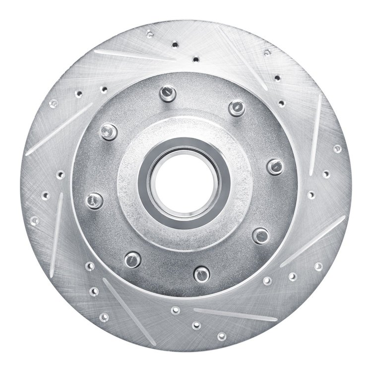 E-Line Drilled & Slotted Silver Brake Rotor, 1980-1985 Ford/Lincoln/Mercury/Mazda, Position: Front Right