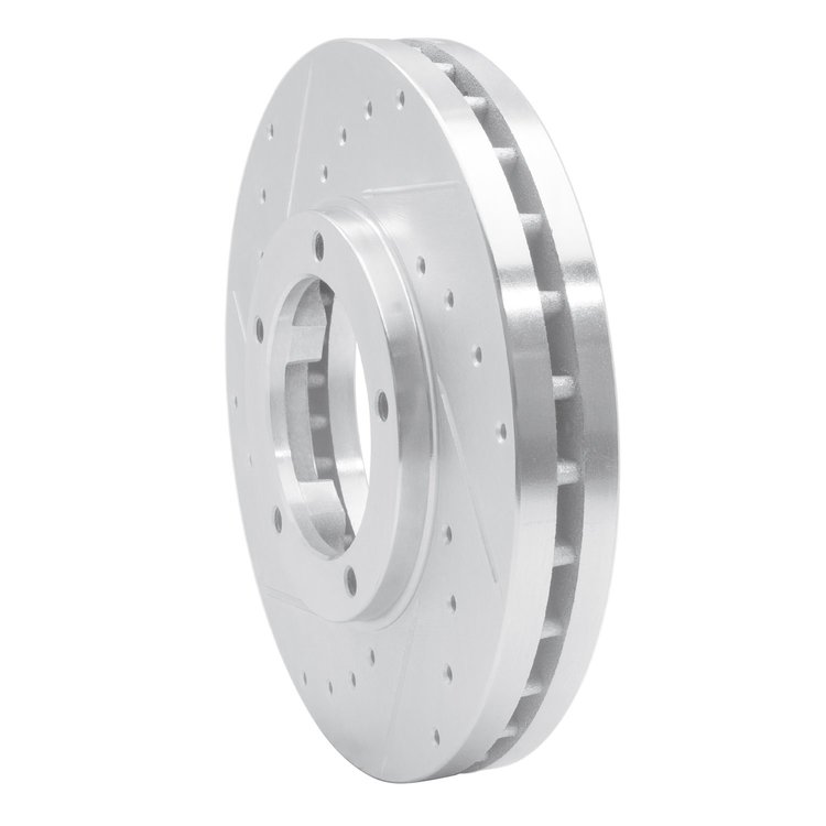 E-Line Drilled & Slotted Silver Brake Rotor, 2000-2018 Fits Multiple Makes/Models, Position: Front Left