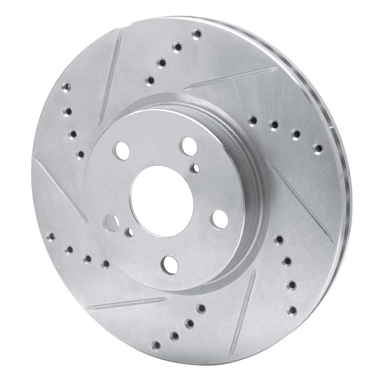 E-Line Drilled & Slotted Silver Brake Rotor, 2008-2019 Fits Multiple Makes/Models, Position: Front Left