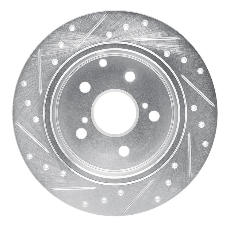 E-Line Drilled & Slotted Silver Brake Rotor, 2009-2013 Fits Multiple Makes/Models, Position: Rear Right