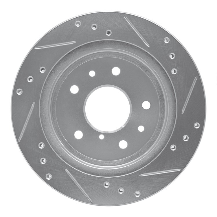 E-Line Drilled & Slotted Silver Brake Rotor, 1986-1991 Ford/Lincoln/Mercury/Mazda, Position: Rear Left