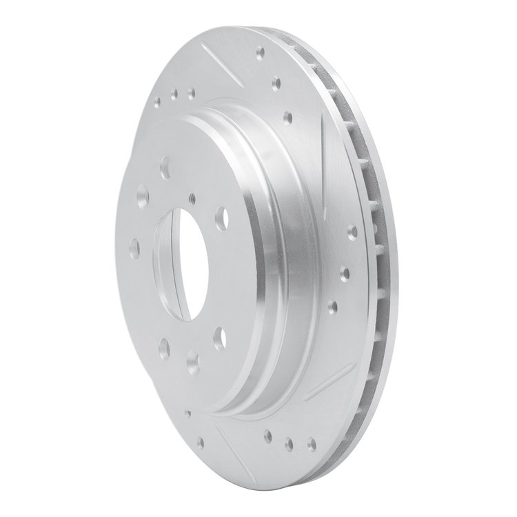 E-Line Drilled & Slotted Silver Brake Rotor, 1986-1991 Ford/Lincoln/Mercury/Mazda, Position: Rear Right