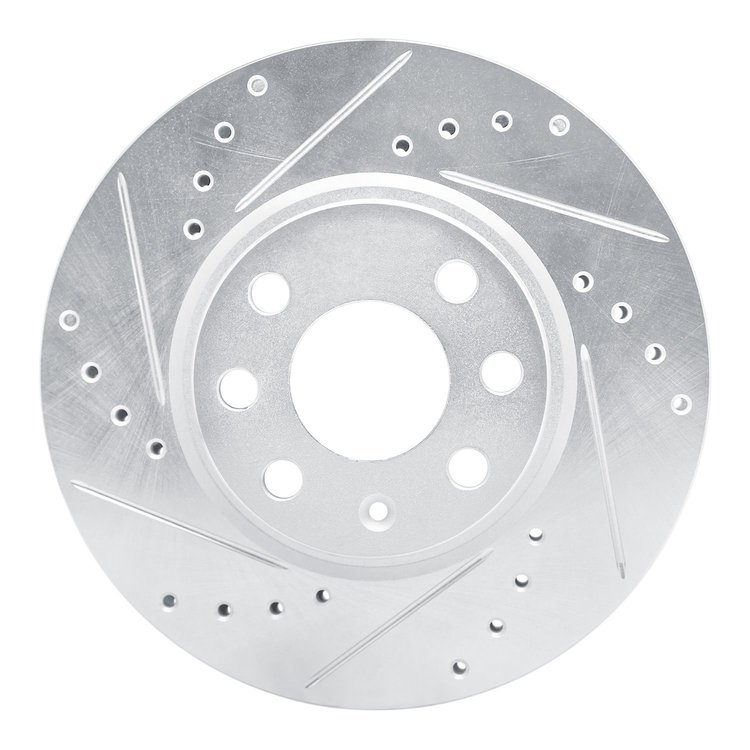 E-Line Drilled & Slotted Silver Brake Rotor, 2002-2017 GM, Position: Front Left