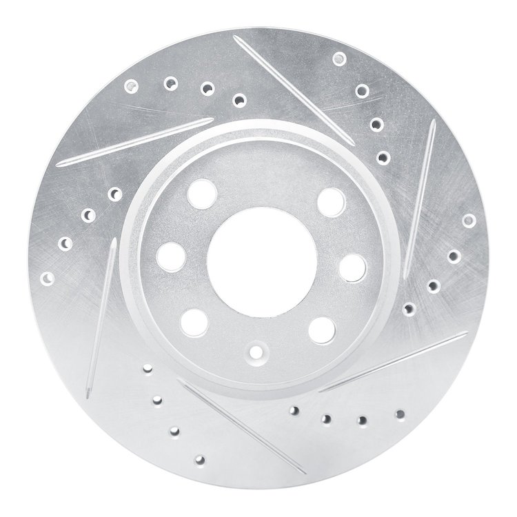 E-Line Drilled & Slotted Silver Brake Rotor, 2002-2017 GM, Position: Front Right