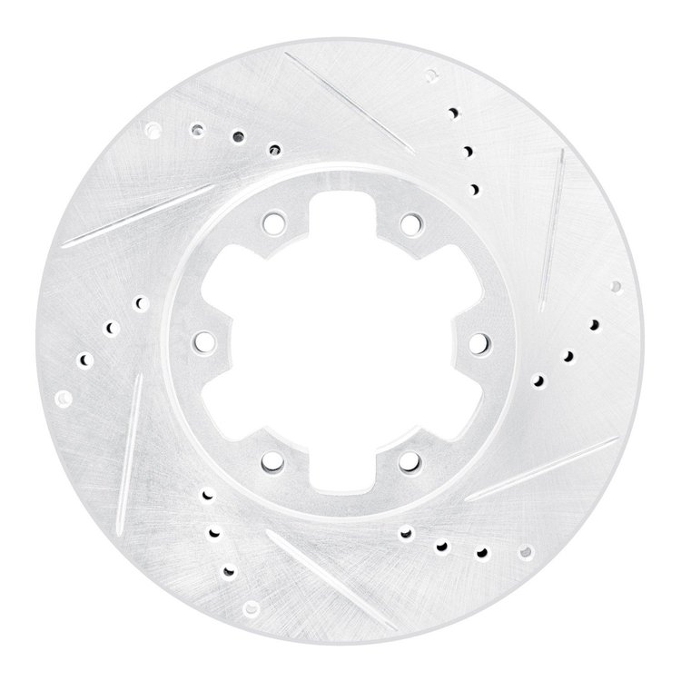 E-Line Drilled & Slotted Silver Brake Rotor, 2002-2018 Infiniti/Nissan, Position: Front Right