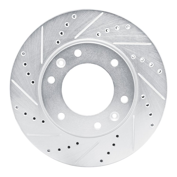 E-Line Drilled & Slotted Silver Brake Rotor, 2009-2019 Fits Multiple Makes/Models, Position: Front Left
