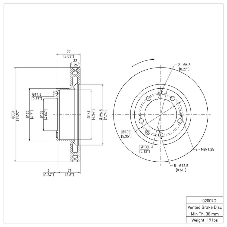 E-Line Blank Brake Rotor, 1986-1991 Audi/Porsche/Volkswagen, Position: Right Front
