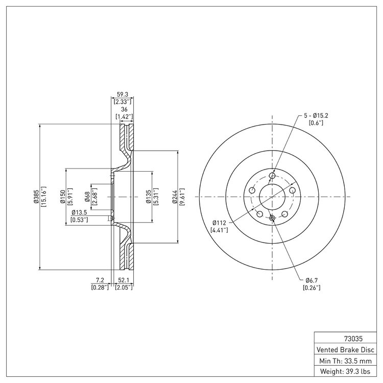 E-Line Blank Brake Rotor, 2005-2010 Audi/Porsche/Volkswagen, Position: Front