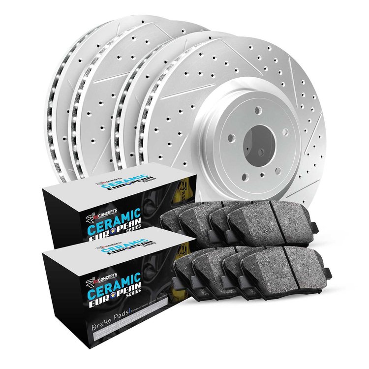 GEO-Carbon Drilled & Slotted Brake Rotor Set w/Euro Ceramic Pads, Fits Select Mopar, Position: Front & Rear