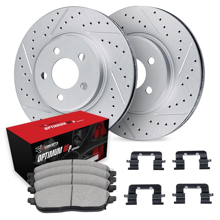 GEO-Carbon Drilled & Slotted Brake Rotor Set w/Optimum OE Pads & Hardware, 1999-1999 Mopar, Position: Front