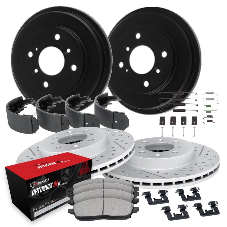 GEO-Carbon Drilled & Slotted Brake Rotor & Drum Set w/Optimum OE Pads, Shoes, & Hardware, 2001-2001 Kia/Hyundai/Genesis
