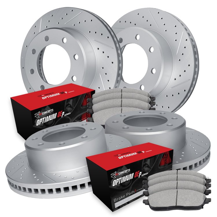 GEO-Carbon Drilled & Slotted Brake Rotor Set w/Optimum OE Pads, 1999-2000 Ford/Lincoln/Mercury/Mazda, Position: Front & Rear