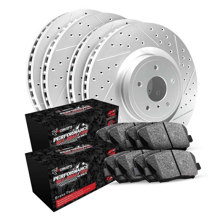 GEO-Carbon Drilled & Slotted Brake Rotor Set w/Performance Off-Road/Tow Pads, 2000-2002 Mopar, Position: Front