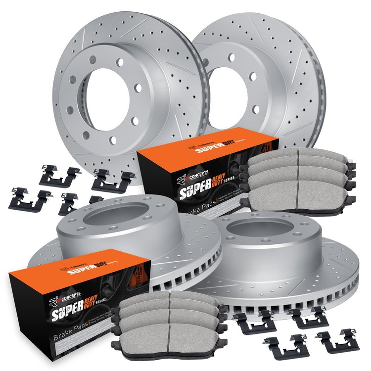 GEO-Carbon Drilled & Slotted Brake Rotor Set w/Super-Duty Pads & Hardware, 1999-2000 Ford/Lincoln/Mercury/Mazda, Position: Front