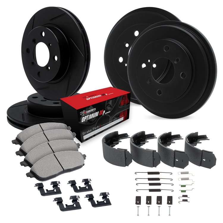 E-Line Slotted Black Brake Rotor & Drum Set w/Optimum OE Pads, Shoes, & Hardware, 2001-2001 Kia/Hyundai/Genesis