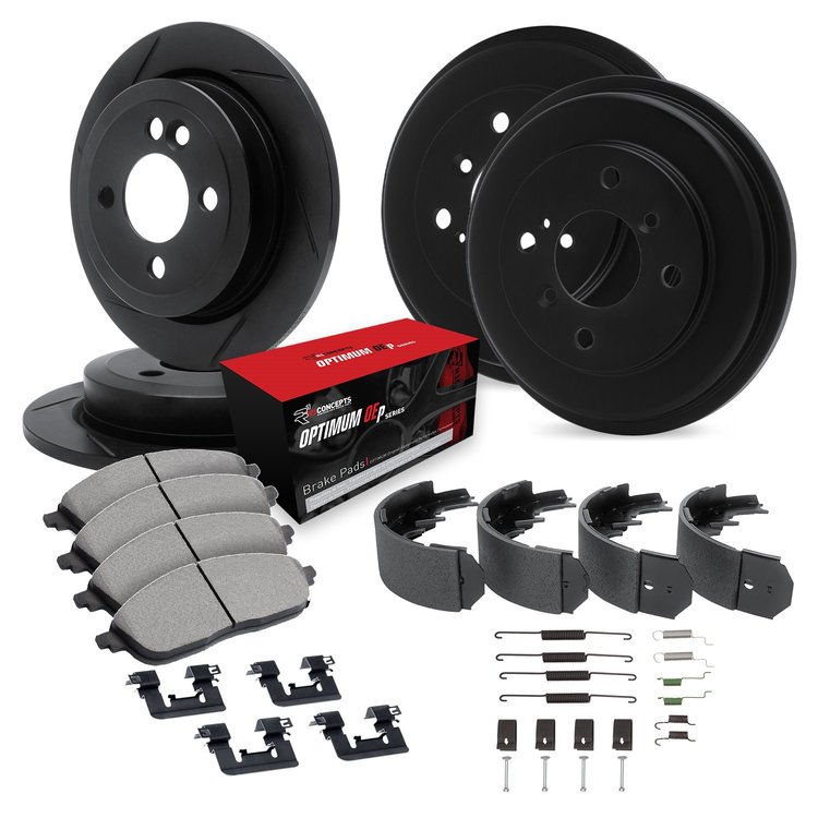 E-Line Slotted Black Brake Rotor & Drum Set w/Optimum OE Pads, Shoes, & Hardware, 1982-1983 Audi/Porsche/Volkswagen