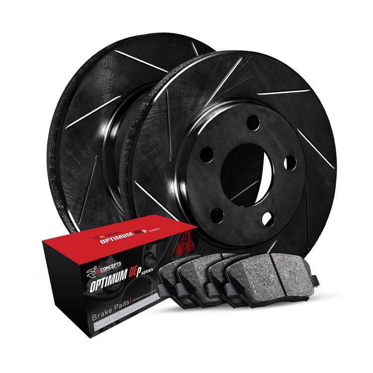E-Line Slotted Black Rotors w/5000 Oep Pads, 2003-2017 Audi/Porsche/Volkswagen, Position: Front