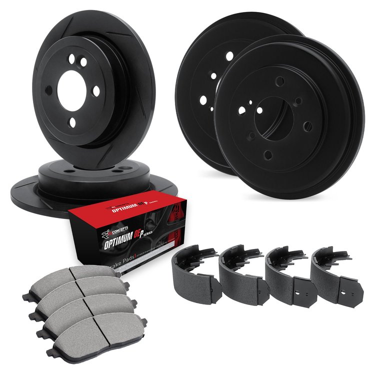 E-Line Slotted Black Brake Rotor & Drum Set w/Optimum OE Pads & Shoes, 1996-1997 Audi/Porsche/Volkswagen, Position: Front & Rear