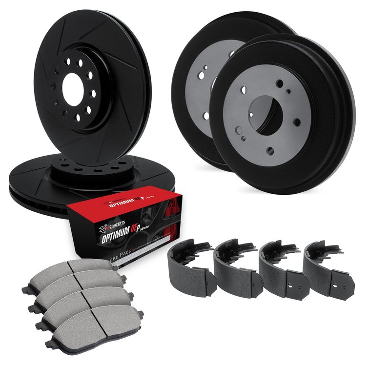 E-Line Slotted Black Brake Rotor & Drum Set w/Optimum OE Pads & Shoes, 1998-2003 Lexus/Toyota/Scion, Position: Front & Rear