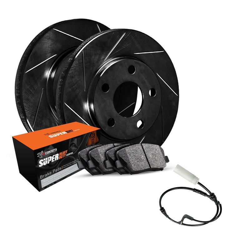 E-Line Slotted Black Brake Rotor Set w/Super-Duty Pads & Sensor, 2002-2006 Fits Multiple Makes/Models, Position: Front