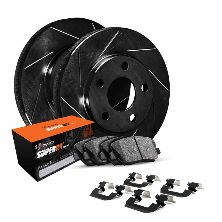 E-Line Slotted Black Brake Rotor Set w/Super-Duty Pads & Hardware, 2002-2006 Ford/Lincoln/Mercury/Mazda, Position: Front