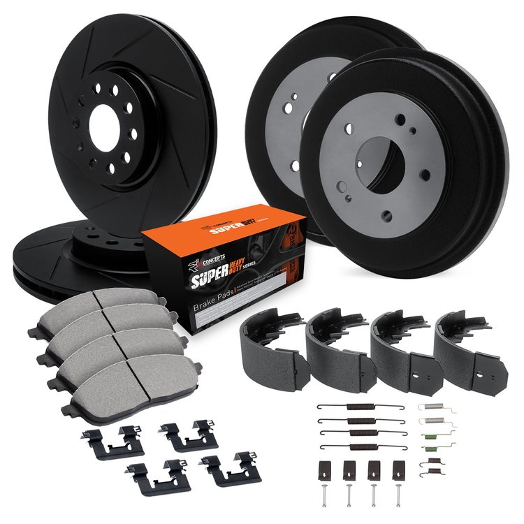 E-Line Slotted Black Brake Rotor & Drum Set w/Super-Duty Pads, Shoes, & Hardware, 1994-1994 Ford/Lincoln/Mercury/Mazda