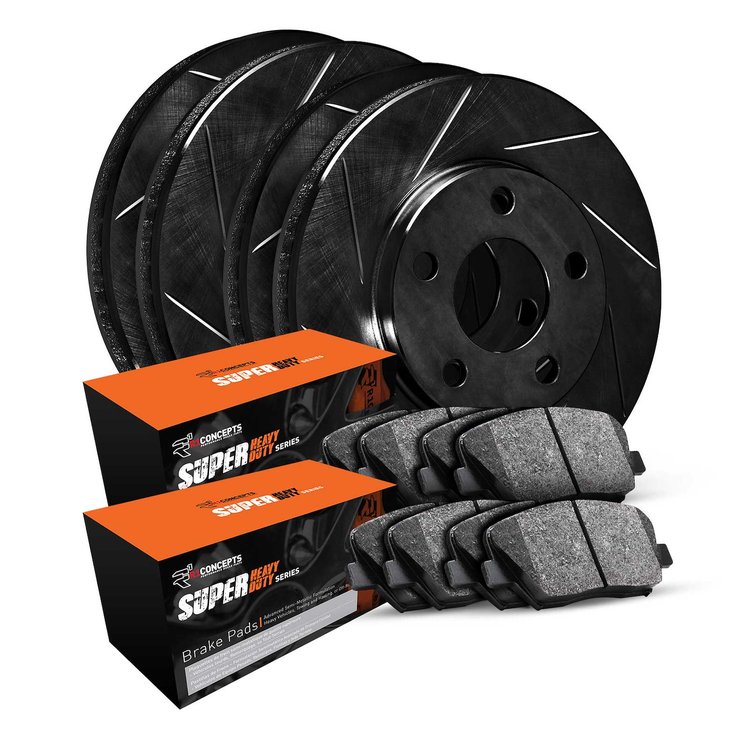 E-Line Slotted Black Brake Rotor Set w/Super-Duty Pads, 2001-2010 GM, Position: Front & Rear