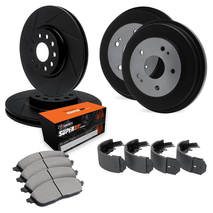 E-Line Slotted Black Brake Rotor & Drum Set w/Super-Duty Pads & Shoes, 1990-1991 Ford/Lincoln/Mercury/Mazda